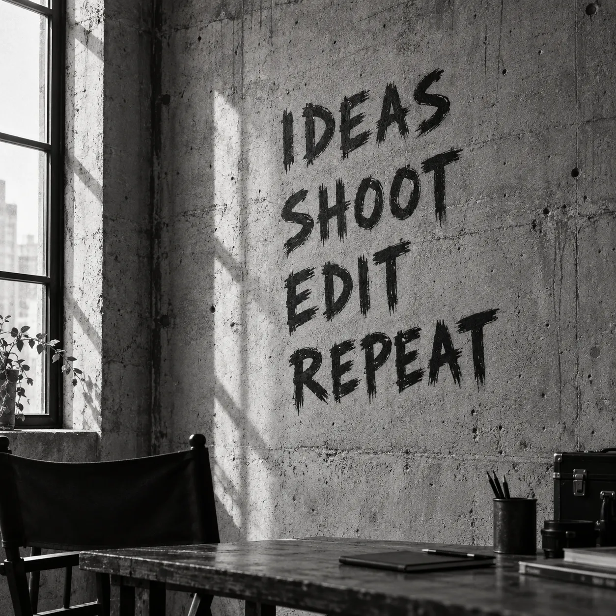 A monochrome studio wall with the words Ideas, Shoot, Edit, Repeat