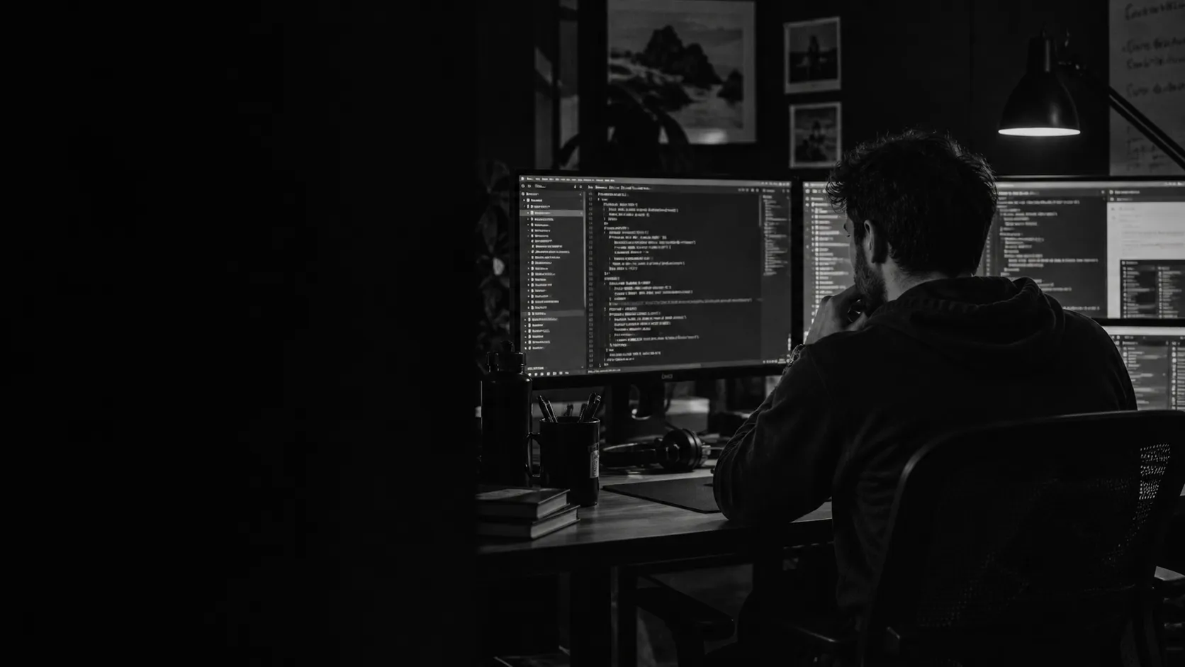 Developer working at multiple code monitors in a dark creative studio