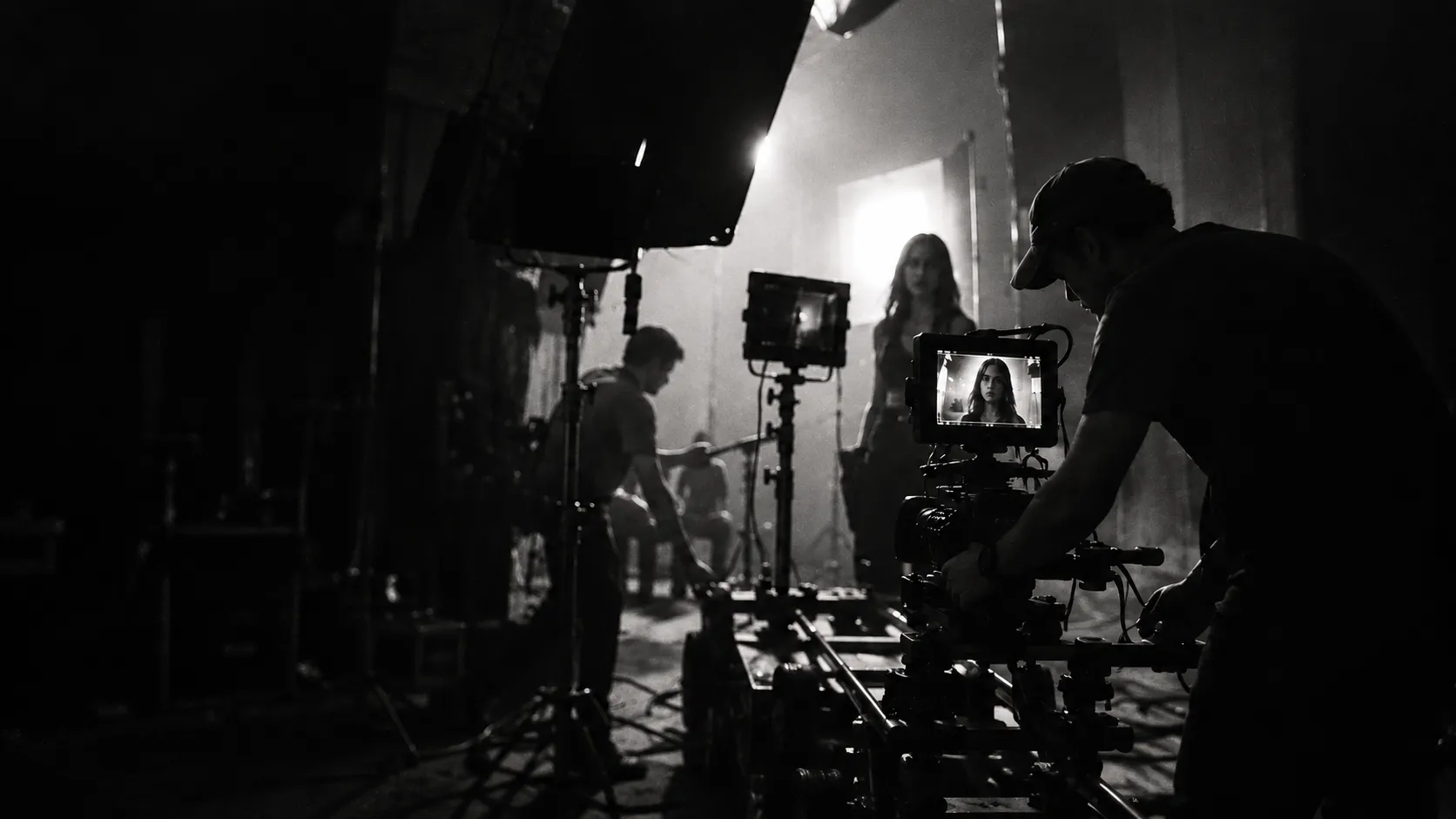 Camera operator filming an actress on a cinematic production set