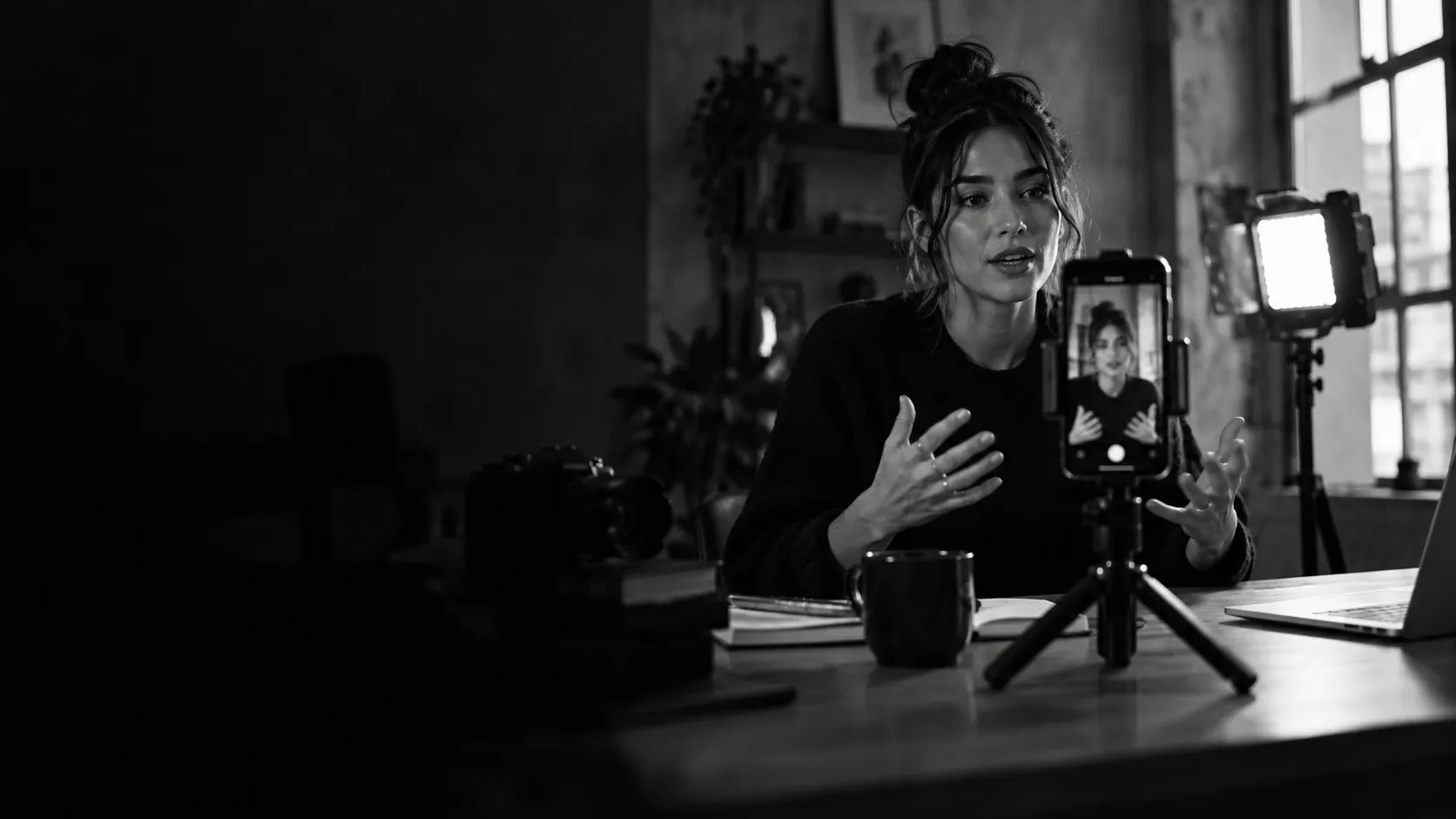 Creator recording a social video with a smartphone and studio light